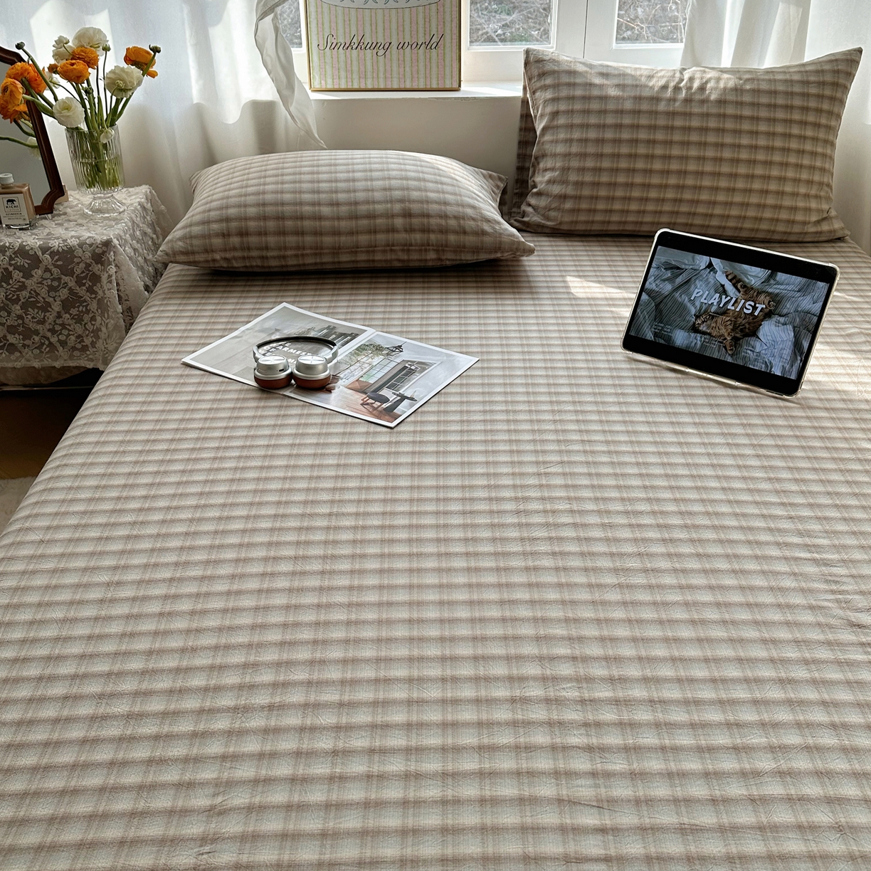 91家纺网 家纺一手货源 找家纺 六巷胡同 2026新款A类全棉纯棉水洗棉色织格子单品床笠 床笠单件 巷往-灰格
