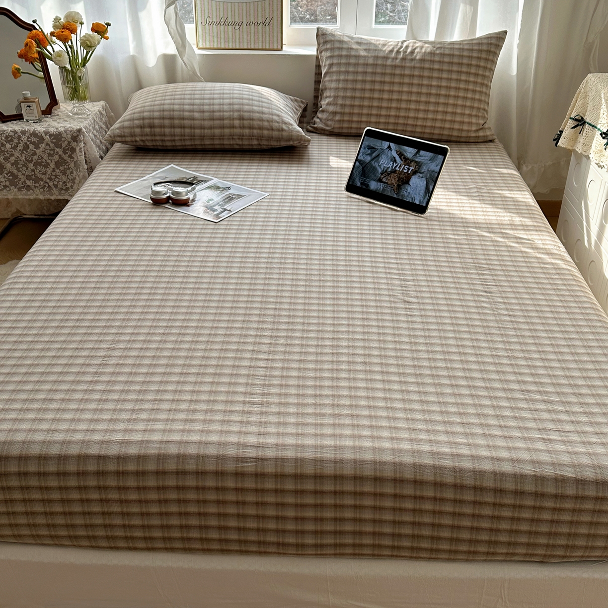 91家纺网 家纺一手货源 找家纺 六巷胡同 2026新款A类全棉纯棉水洗棉色织格子单品床笠 床笠单件 巷往-灰格
