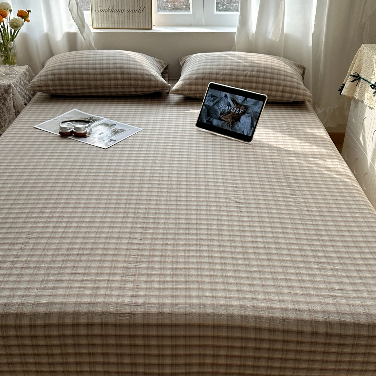 91家纺网 家纺一手货源 找家纺 六巷胡同 2026新款A类全棉纯棉水洗棉色织格子单品床笠 床笠单件 巷往-灰格