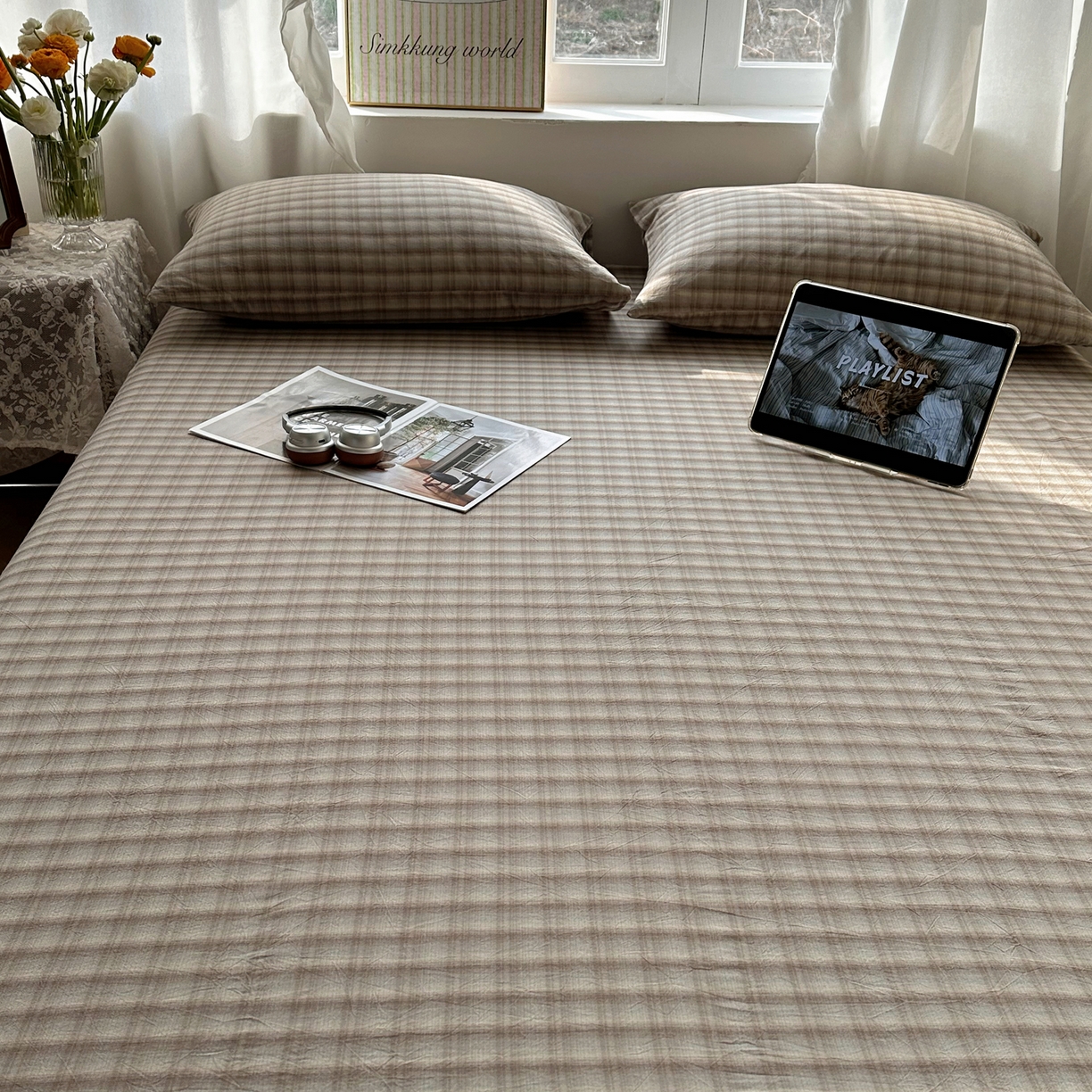 91家纺网 家纺一手货源 找家纺 六巷胡同 2026新款A类全棉纯棉水洗棉色织格子单品床笠 床笠单件 巷往-灰格