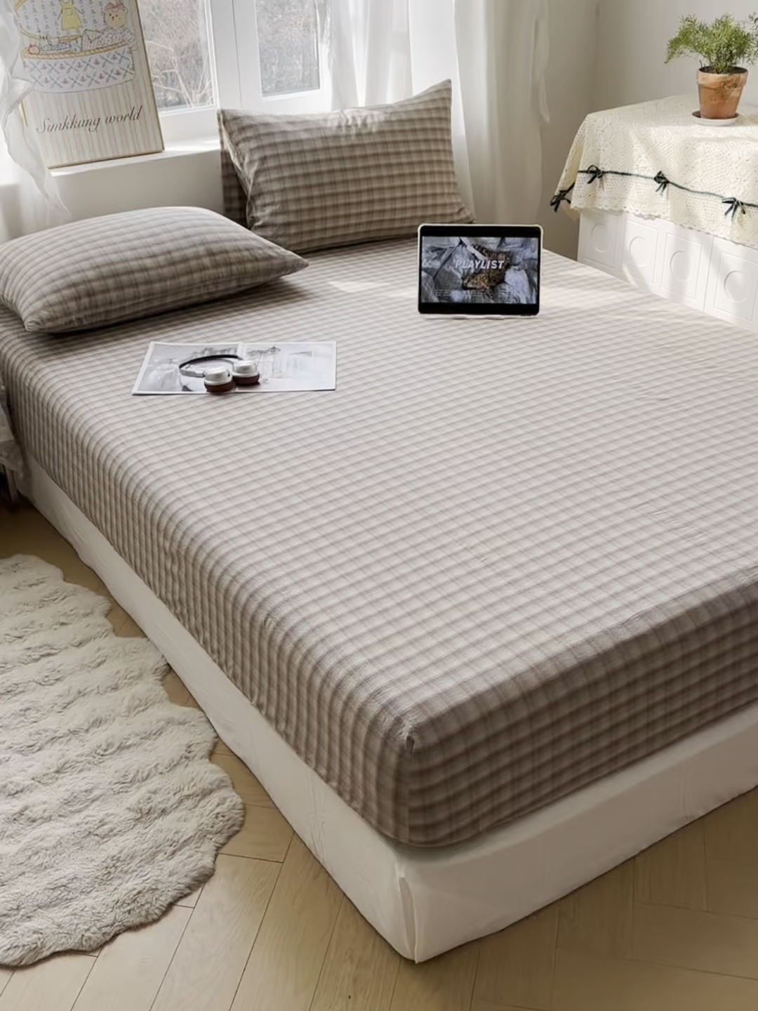 91家纺网 家纺一手货源 找家纺 六巷胡同 2026新款A类全棉纯棉水洗棉色织格子单品床笠 床笠单件 巷往-灰格