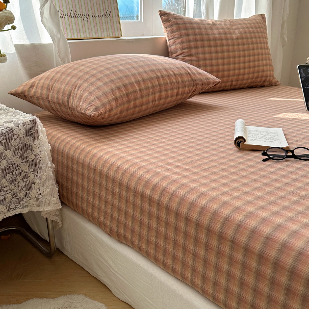 91家纺网 家纺一手货源 找家纺 六巷胡同 2026新款A类全棉纯棉水洗棉色织格子单品床笠 床笠单件 巷往-橘格