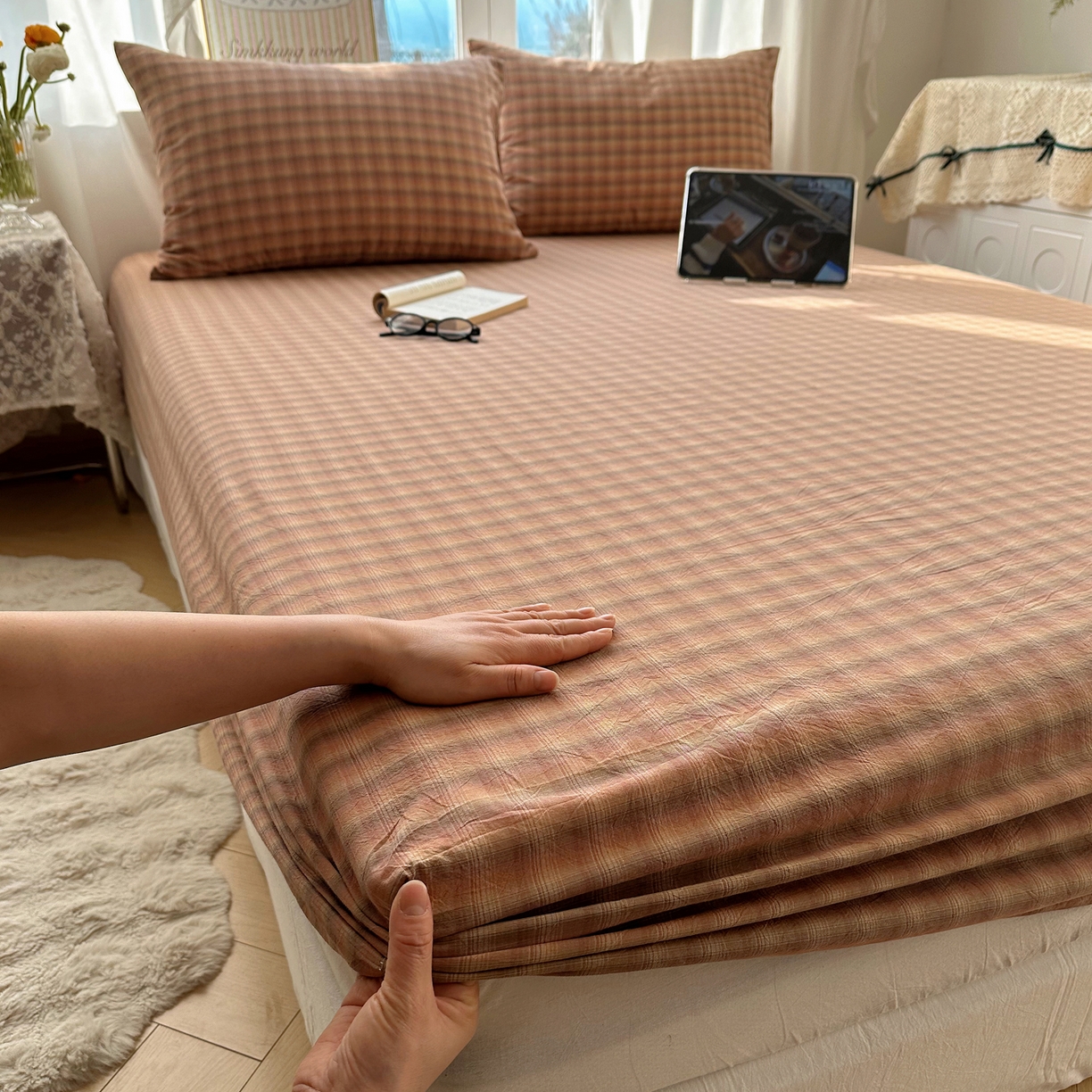 91家纺网 家纺一手货源 找家纺 六巷胡同 2026新款A类全棉纯棉水洗棉色织格子单品床笠 床笠单件 巷往-橘格