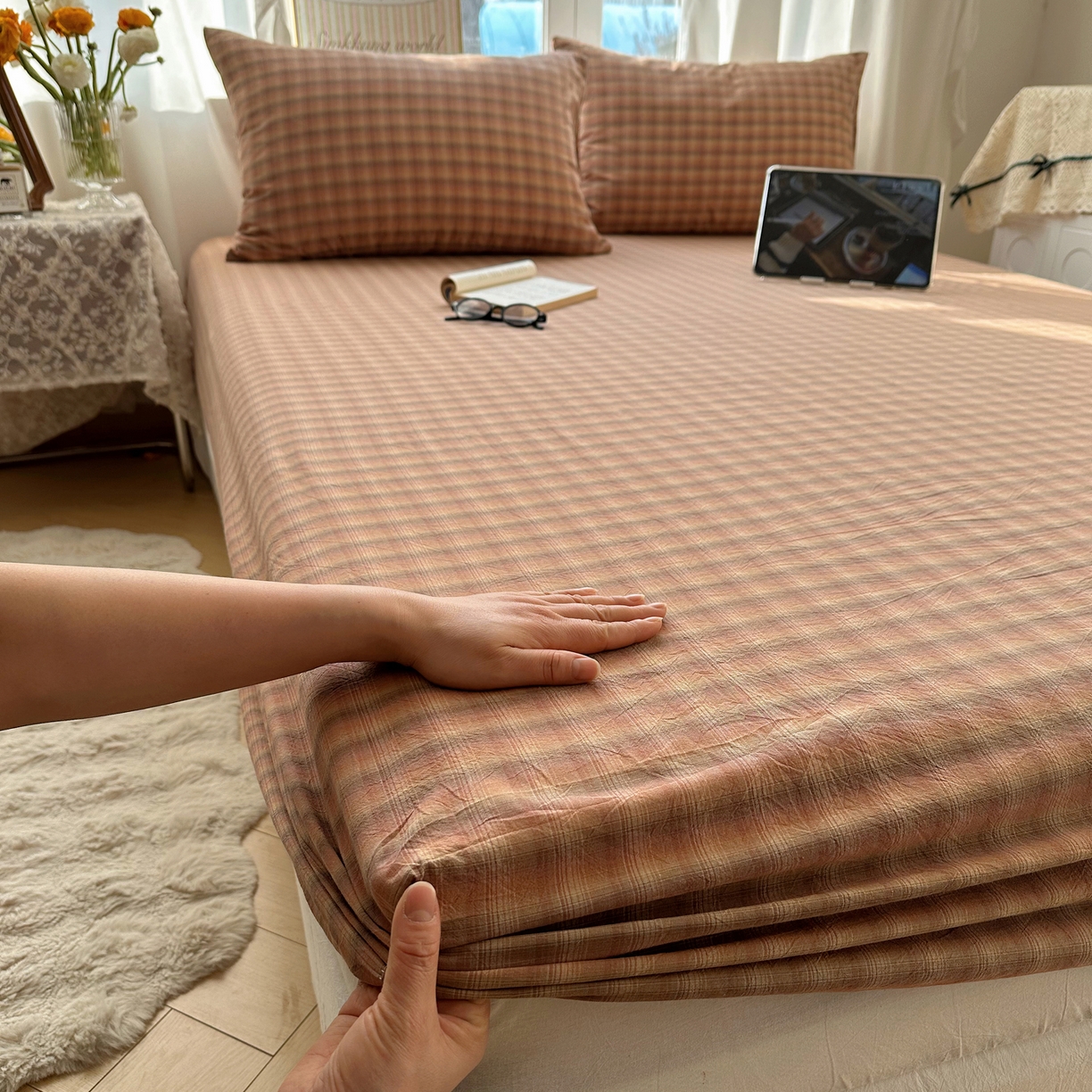 91家纺网 家纺一手货源 找家纺 六巷胡同 2026新款A类全棉纯棉水洗棉色织格子单品床笠 床笠单件 巷往-橘格