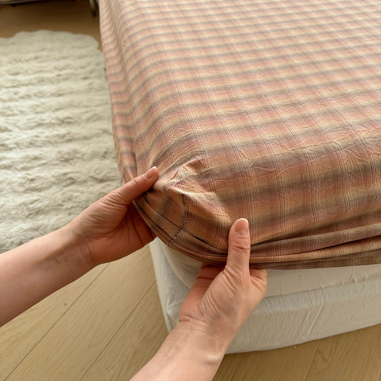 91家纺网 家纺一手货源 找家纺 六巷胡同 2026新款A类全棉纯棉水洗棉色织格子单品床笠 床笠单件 巷往-橘格