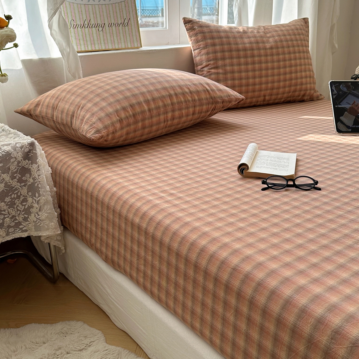 91家纺网 家纺一手货源 找家纺 六巷胡同 2026新款A类全棉纯棉水洗棉色织格子单品床笠 床笠单件 巷往-橘格