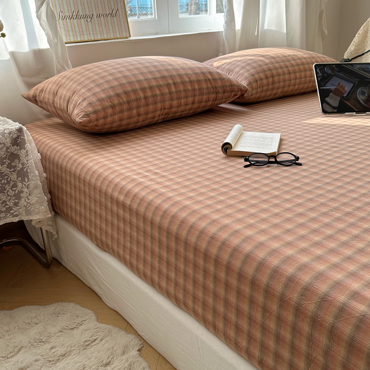 91家纺网 家纺一手货源 找家纺 六巷胡同 2026新款A类全棉纯棉水洗棉色织格子单品床笠 床笠单件 巷往-橘格