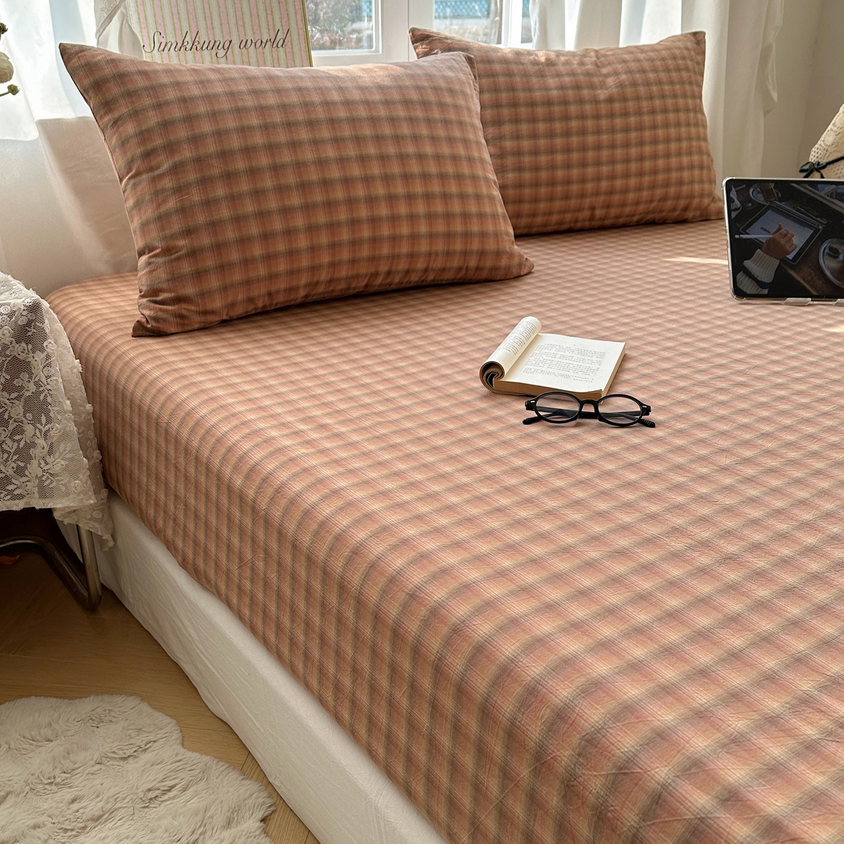 91家纺网 家纺一手货源 找家纺 六巷胡同 2026新款A类全棉纯棉水洗棉色织格子单品床笠 床笠单件 巷往-橘格