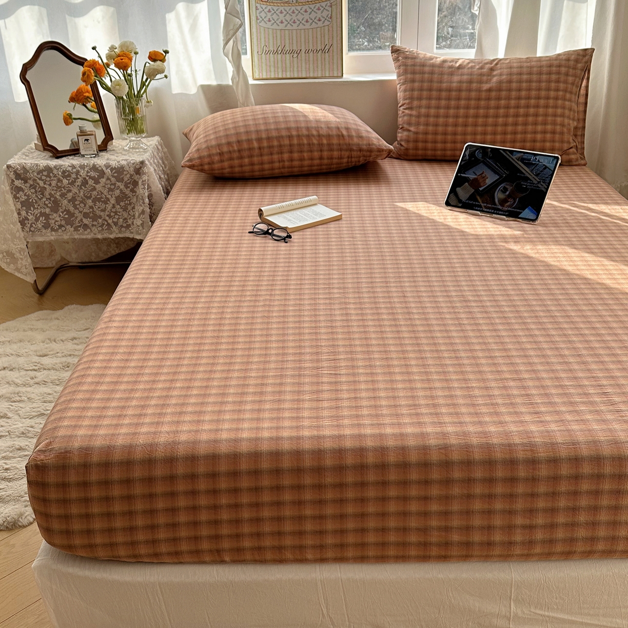 91家纺网 家纺一手货源 找家纺 六巷胡同 2026新款A类全棉纯棉水洗棉色织格子单品床笠 床笠单件 巷往-橘格