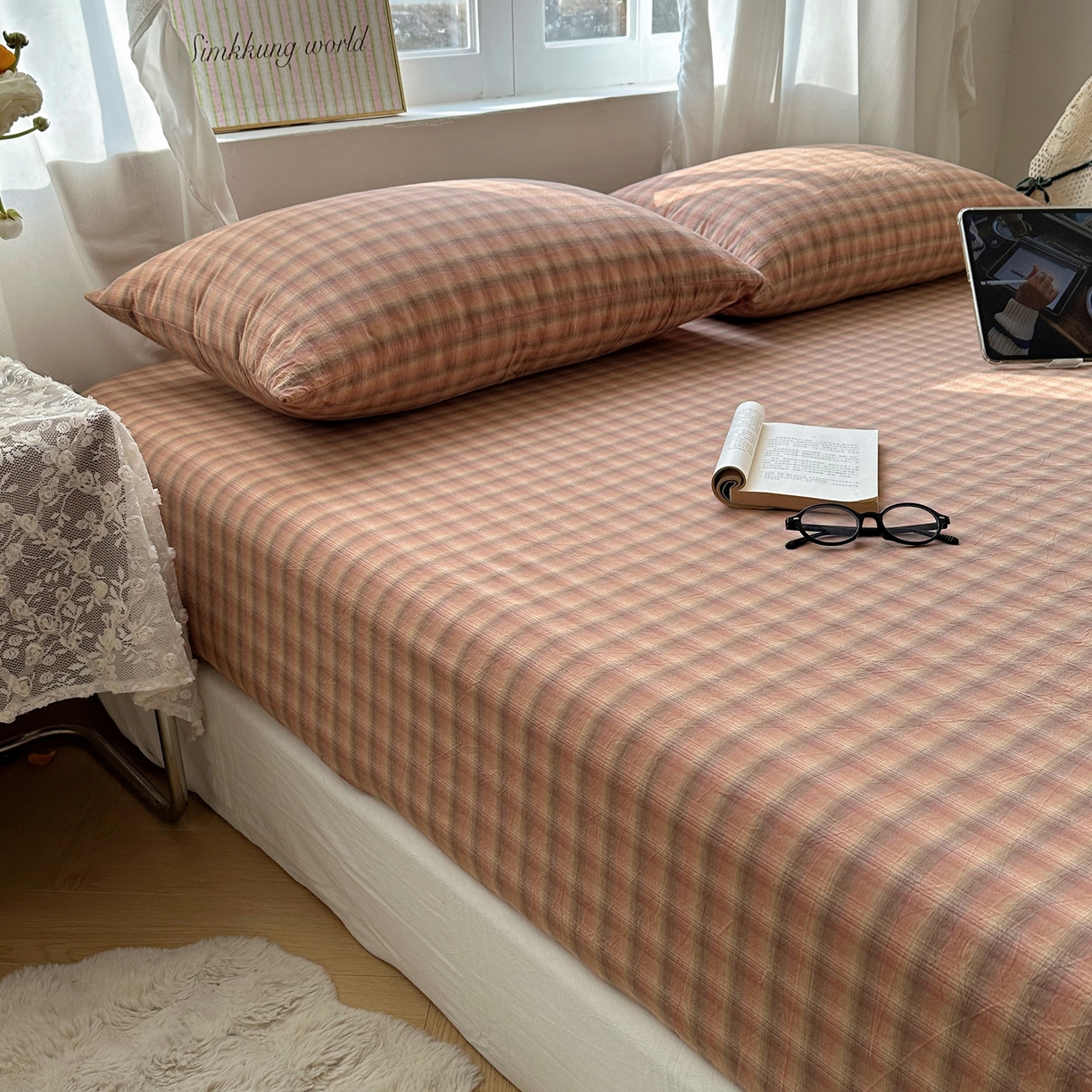 91家纺网 家纺一手货源 找家纺 六巷胡同 2026新款A类全棉纯棉水洗棉色织格子单品床笠 床笠单件 巷往-橘格