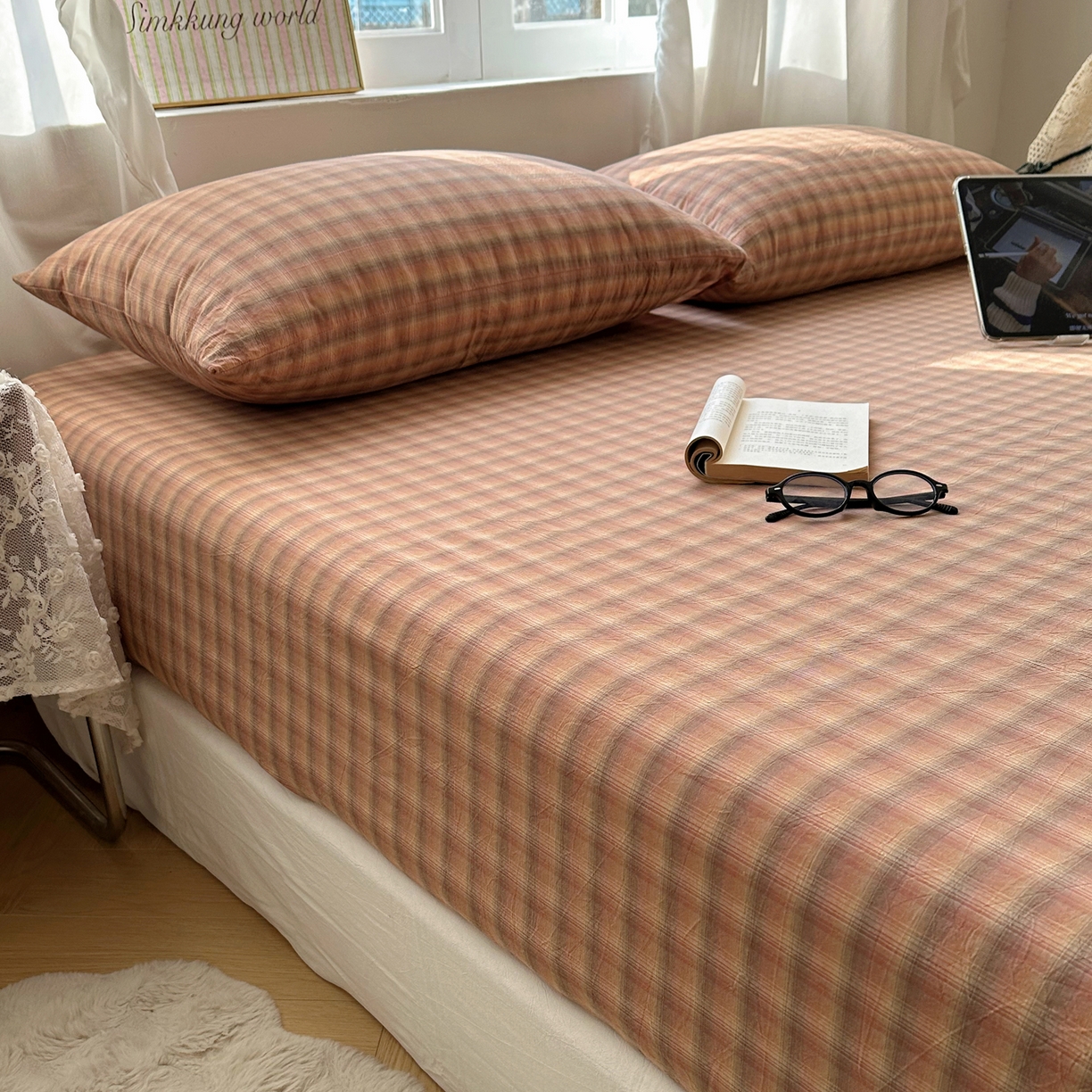91家纺网 家纺一手货源 找家纺 六巷胡同 2026新款A类全棉纯棉水洗棉色织格子单品床笠 床笠单件 巷往-橘格
