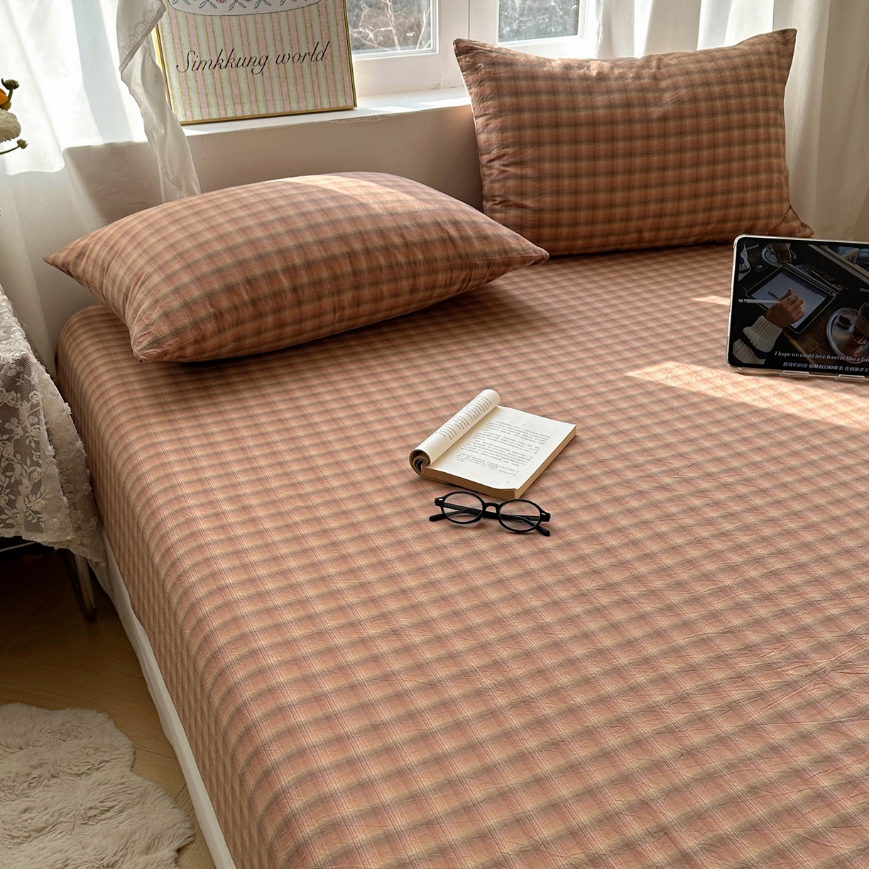 91家纺网 家纺一手货源 找家纺 六巷胡同 2026新款A类全棉纯棉水洗棉色织格子单品床笠 床笠单件 巷往-橘格