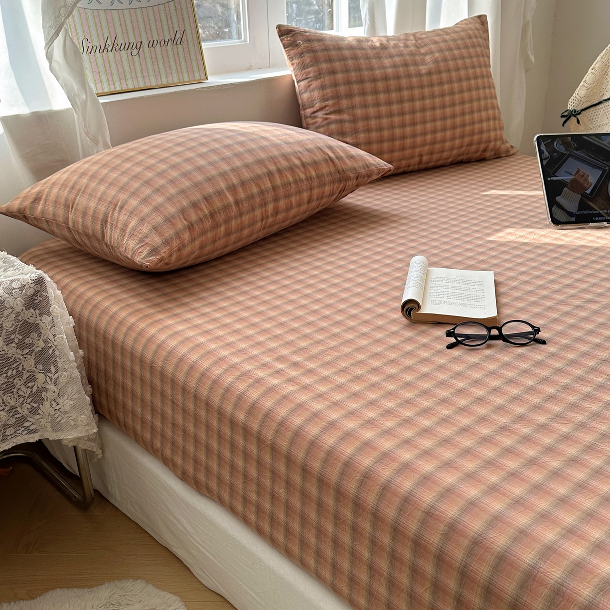 91家纺网 家纺一手货源 找家纺 六巷胡同 2026新款A类全棉纯棉水洗棉色织格子单品床笠 床笠单件 巷往-橘格