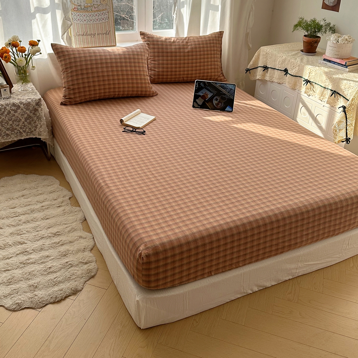 91家纺网 家纺一手货源 找家纺 六巷胡同 2026新款A类全棉纯棉水洗棉色织格子单品床笠 床笠单件 巷往-橘格