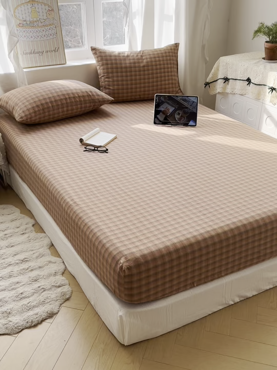 91家纺网 家纺一手货源 找家纺 六巷胡同 2026新款A类全棉纯棉水洗棉色织格子单品床笠 床笠单件 巷往-橘格