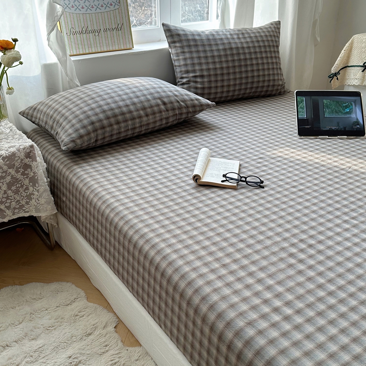 91家纺网 家纺一手货源 找家纺 六巷胡同 2026新款A类全棉纯棉水洗棉色织格子单品床笠 床笠单件 巷往-蓝格