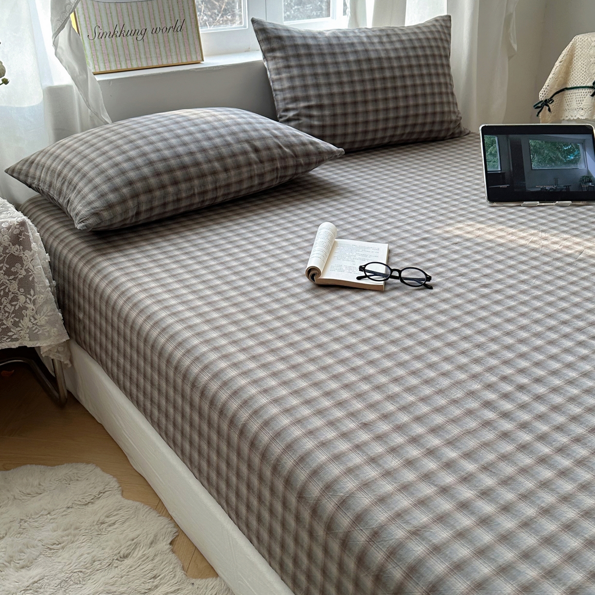 91家纺网 家纺一手货源 找家纺 六巷胡同 2026新款A类全棉纯棉水洗棉色织格子单品床笠 床笠单件 巷往-蓝格