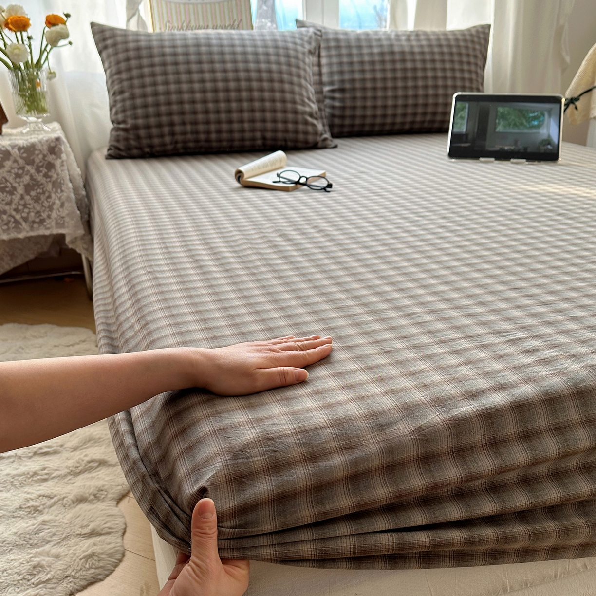 91家纺网 家纺一手货源 找家纺 六巷胡同 2026新款A类全棉纯棉水洗棉色织格子单品床笠 床笠单件 巷往-蓝格