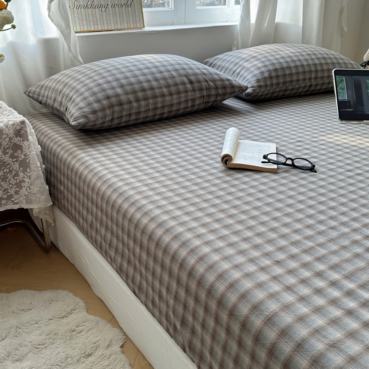 91家纺网 家纺一手货源 找家纺 六巷胡同 2026新款A类全棉纯棉水洗棉色织格子单品床笠 床笠单件 巷往-蓝格