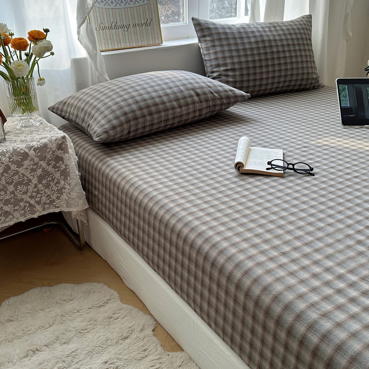 91家纺网 家纺一手货源 找家纺 六巷胡同 2026新款A类全棉纯棉水洗棉色织格子单品床笠 床笠单件 巷往-蓝格