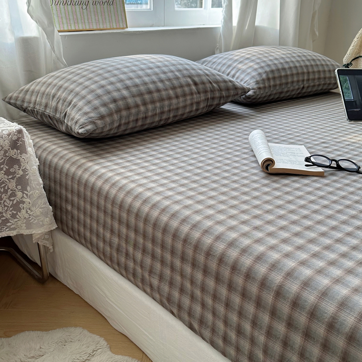 91家纺网 家纺一手货源 找家纺 六巷胡同 2026新款A类全棉纯棉水洗棉色织格子单品床笠 床笠单件 巷往-蓝格