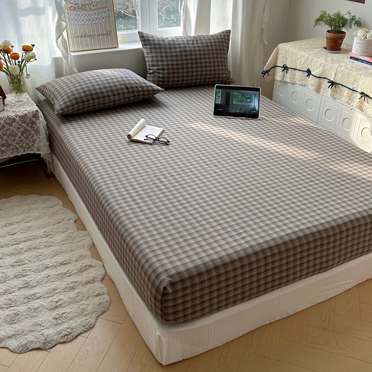 91家纺网 家纺一手货源 找家纺 六巷胡同 2026新款A类全棉纯棉水洗棉色织格子单品床笠 床笠单件 巷往-蓝格