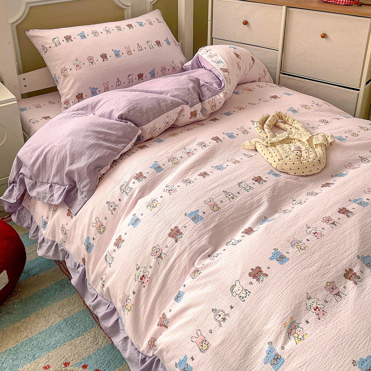 91家纺网 家纺一手货源 找家纺 纽缦家纺 2026新款云感提花双层纱学生床韩版床单床笠三四件套 动物游园