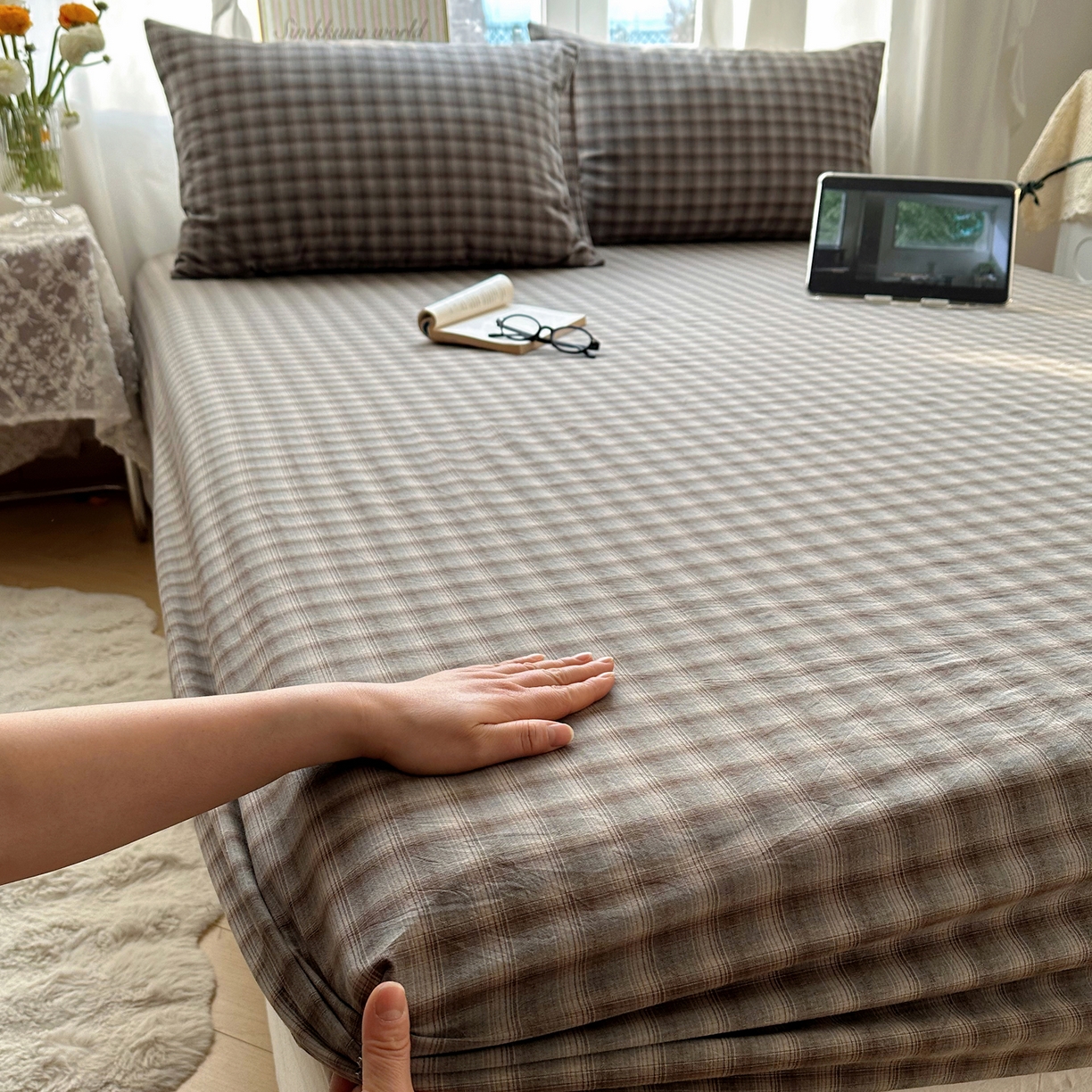 91家纺网 家纺一手货源 找家纺 六巷胡同 2026新款A类全棉纯棉水洗棉色织格子单品床笠 床笠单件 巷往-蓝格