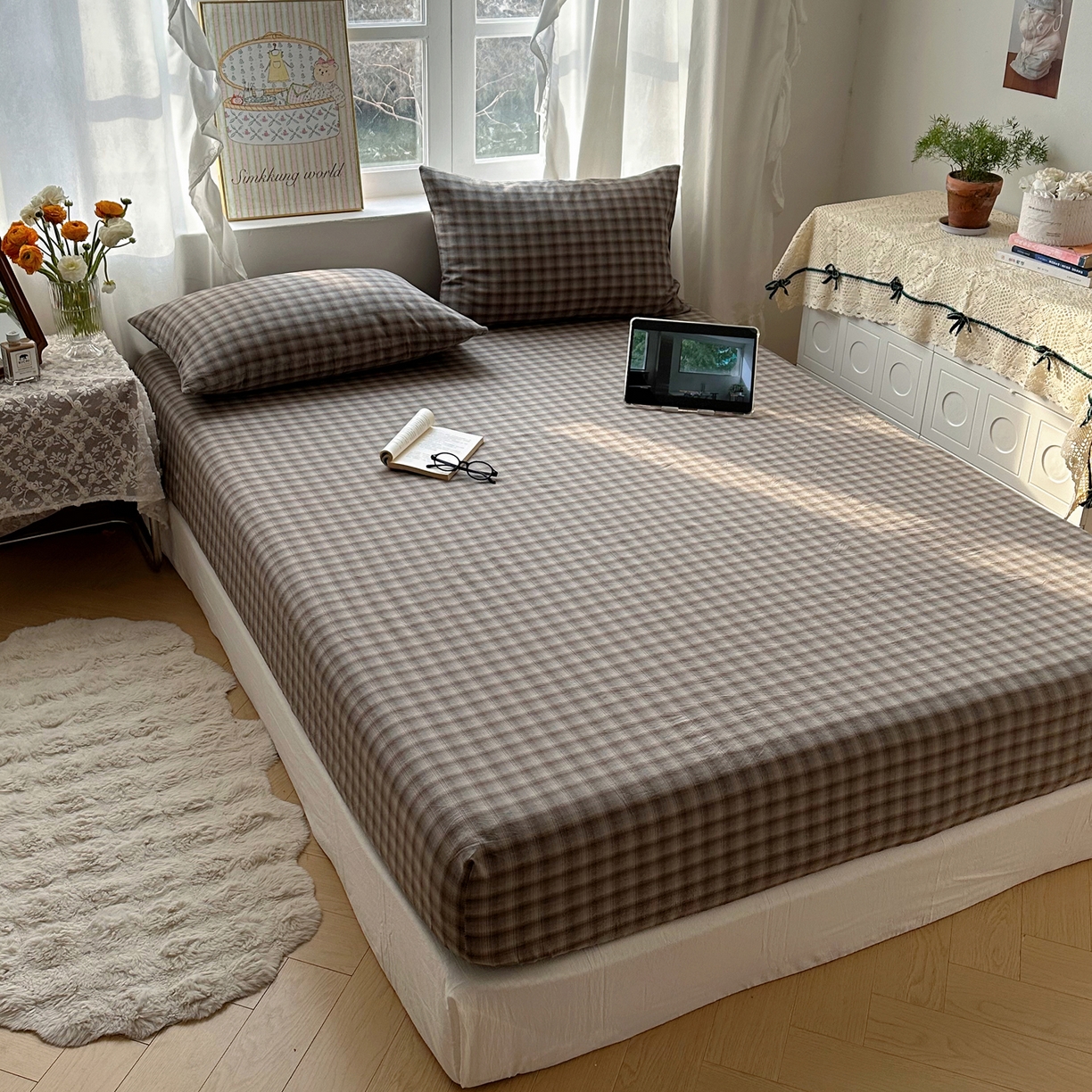 91家纺网 家纺一手货源 找家纺 六巷胡同 2026新款A类全棉纯棉水洗棉色织格子单品床笠 床笠单件 巷往-蓝格