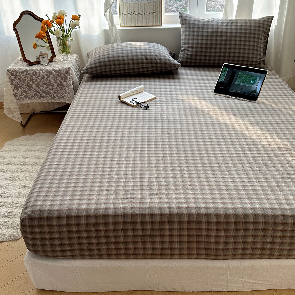 91家纺网 家纺一手货源 找家纺 六巷胡同 2026新款A类全棉纯棉水洗棉色织格子单品床笠 床笠单件 巷往-蓝格