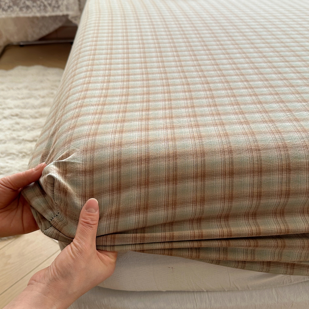 91家纺网 家纺一手货源 找家纺 六巷胡同 2026新款A类全棉纯棉水洗棉色织格子单品床笠 床笠单件 巷往-绿格