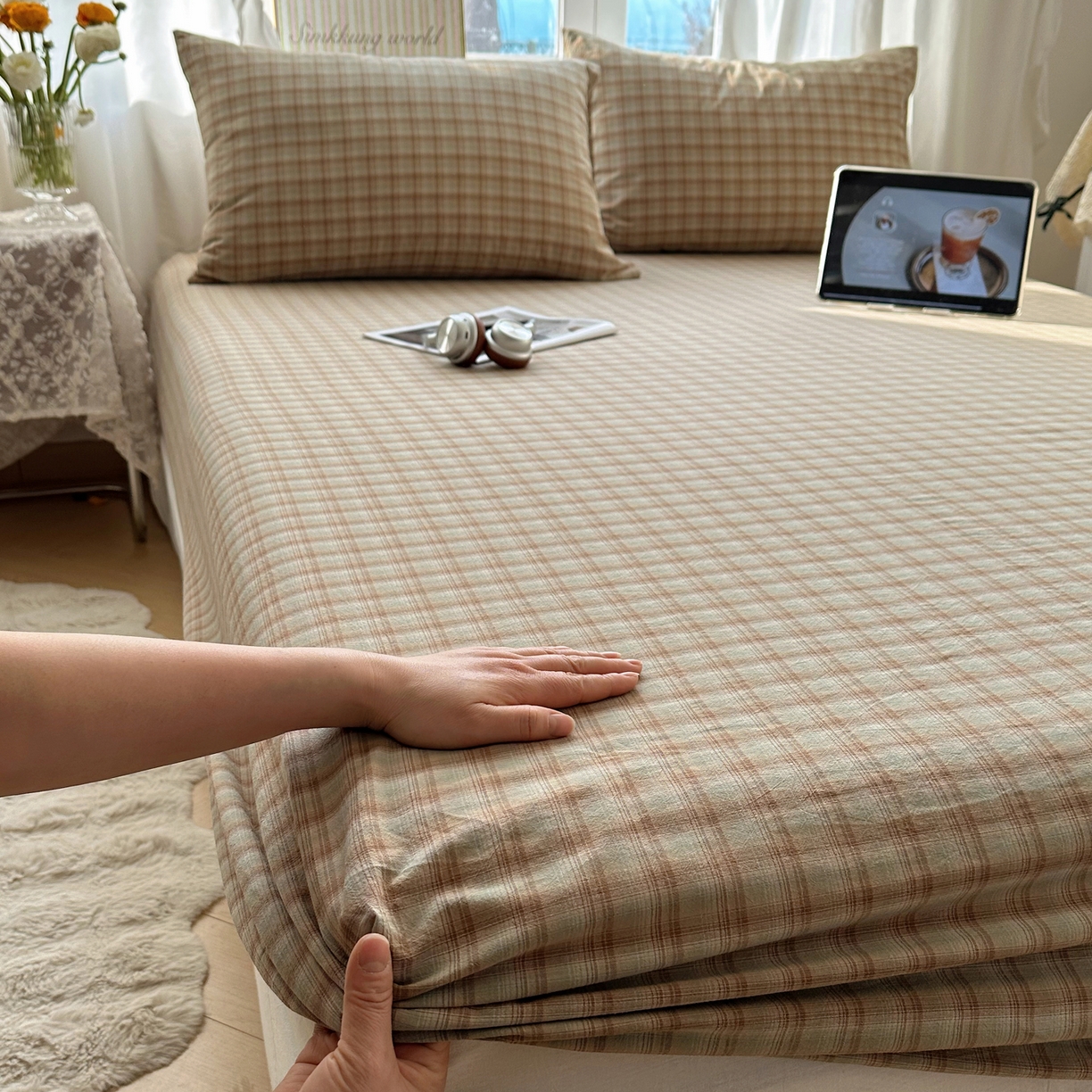 91家纺网 家纺一手货源 找家纺 六巷胡同 2026新款A类全棉纯棉水洗棉色织格子单品床笠 床笠单件 巷往-绿格