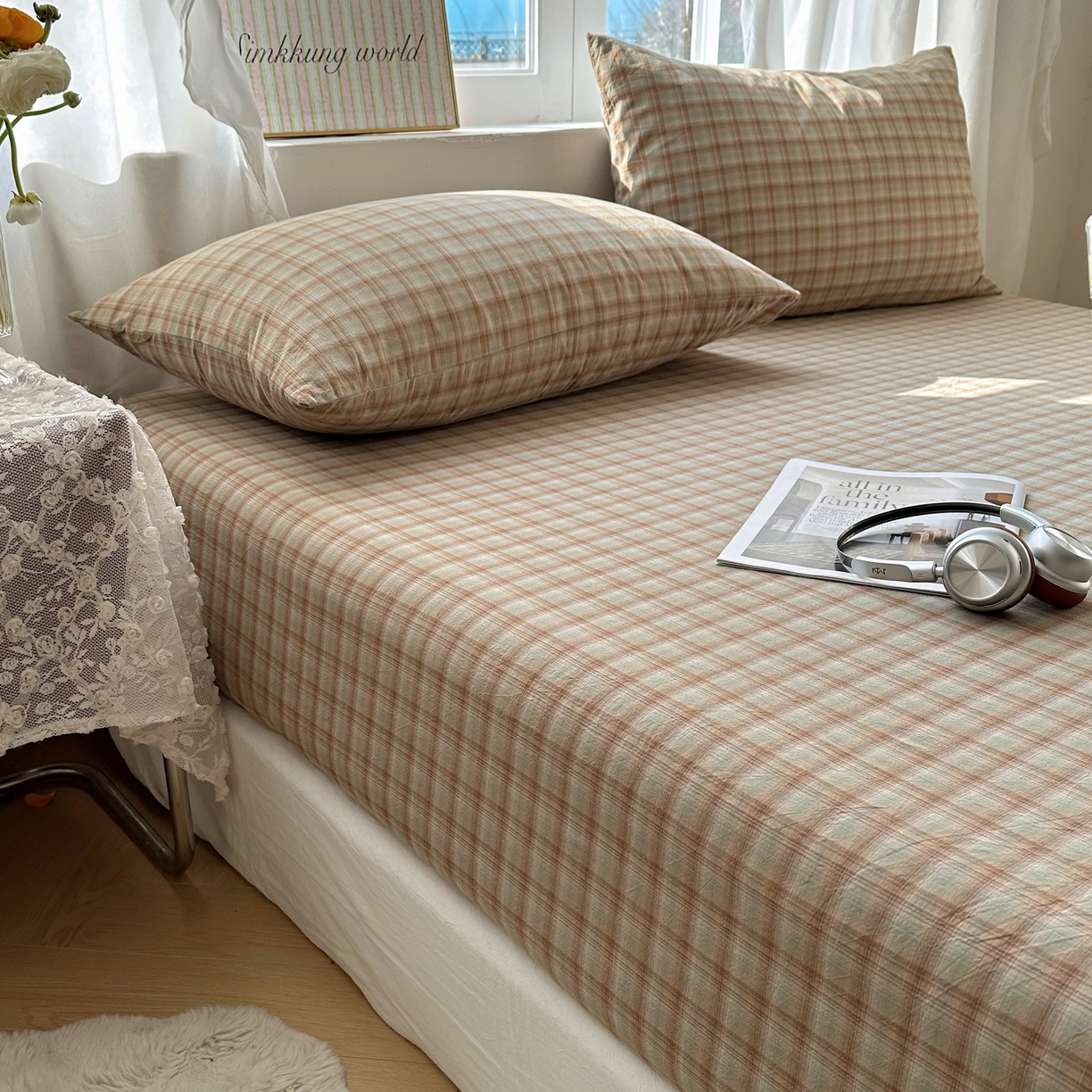 91家纺网 家纺一手货源 找家纺 六巷胡同 2026新款A类全棉纯棉水洗棉色织格子单品床笠 床笠单件 巷往-绿格