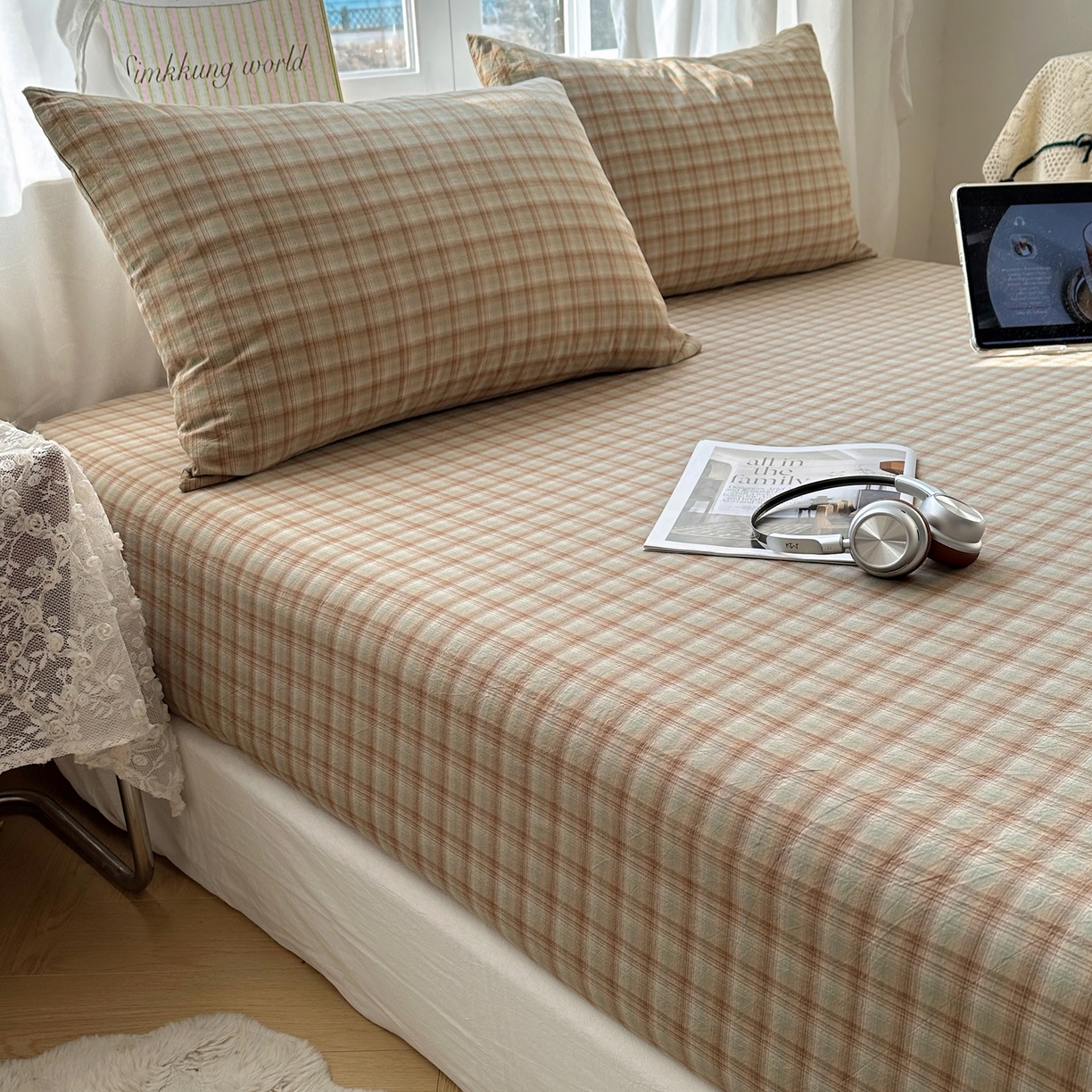 91家纺网 家纺一手货源 找家纺 六巷胡同 2026新款A类全棉纯棉水洗棉色织格子单品床笠 床笠单件 巷往-绿格