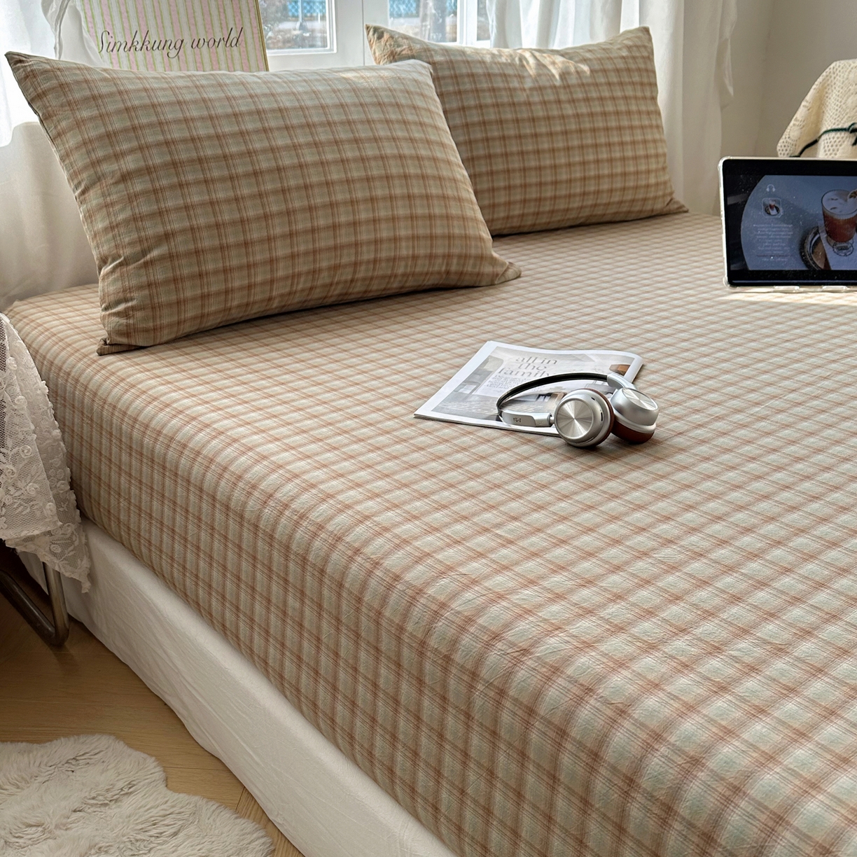 91家纺网 家纺一手货源 找家纺 六巷胡同 2026新款A类全棉纯棉水洗棉色织格子单品床笠 床笠单件 巷往-绿格