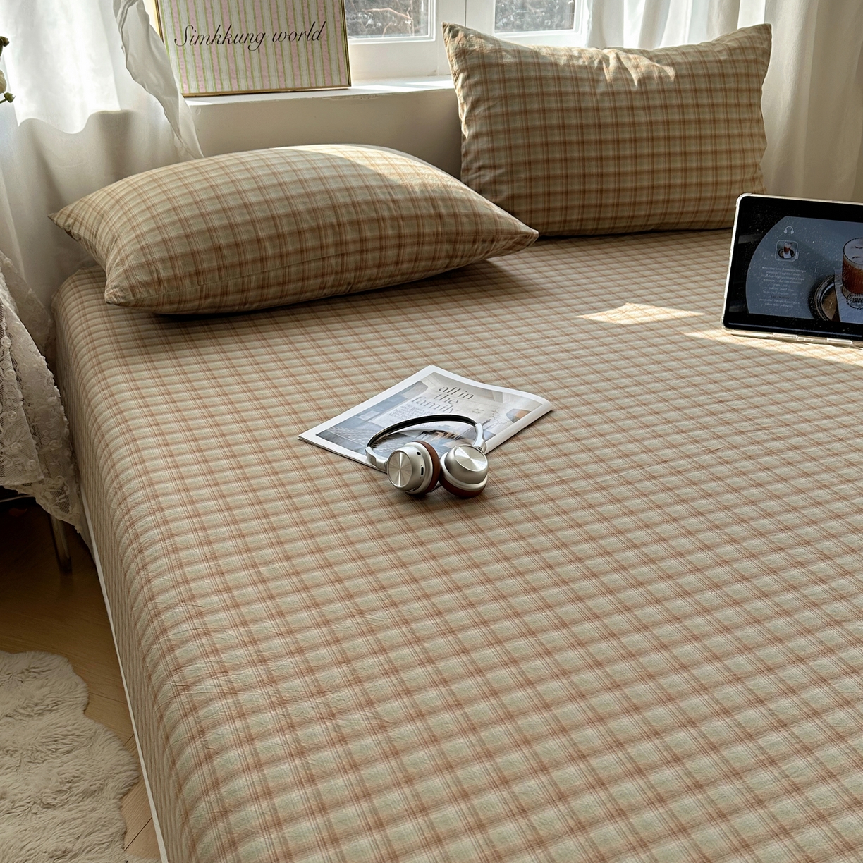 91家纺网 家纺一手货源 找家纺 六巷胡同 2026新款A类全棉纯棉水洗棉色织格子单品床笠 床笠单件 巷往-绿格