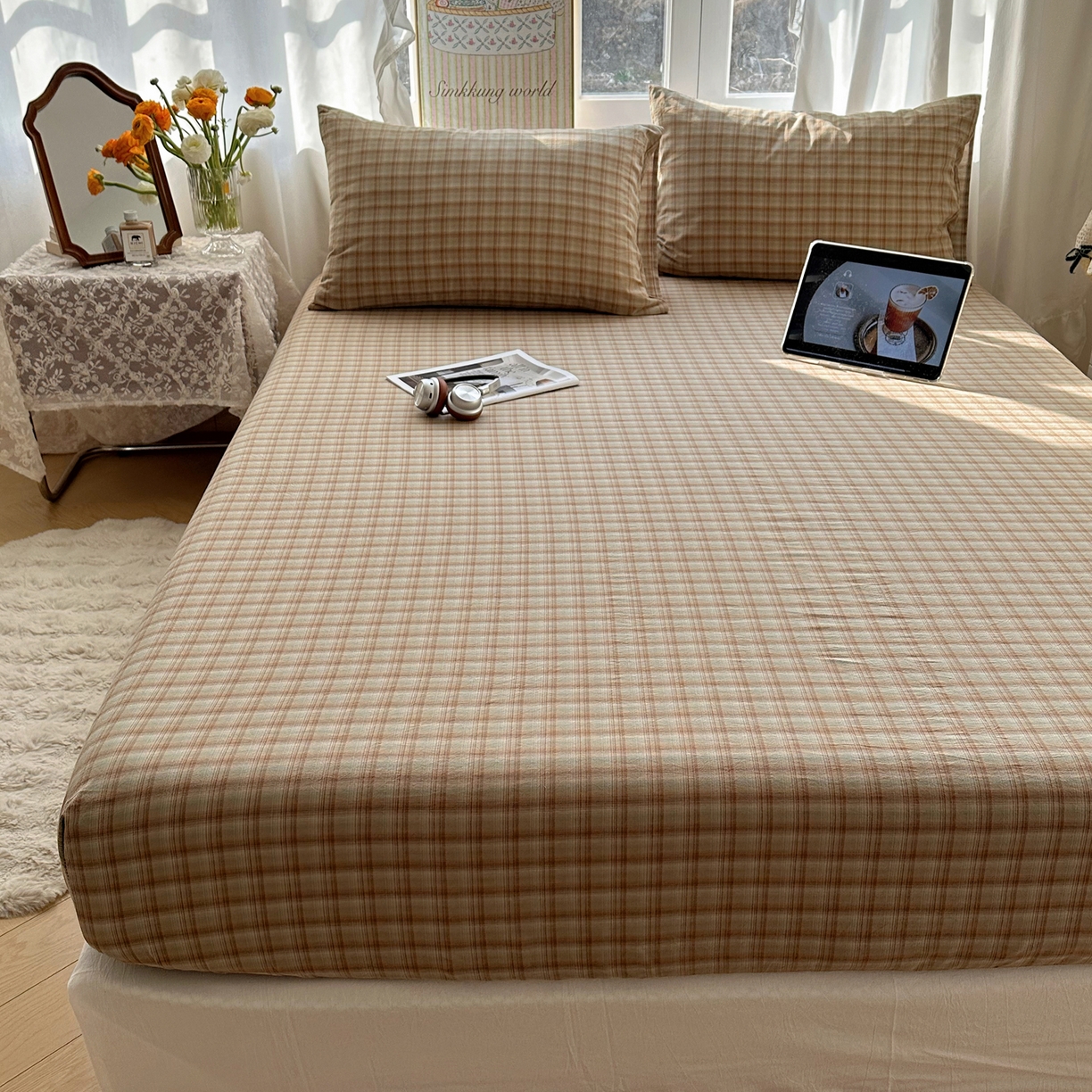 91家纺网 家纺一手货源 找家纺 六巷胡同 2026新款A类全棉纯棉水洗棉色织格子单品床笠 床笠单件 巷往-绿格