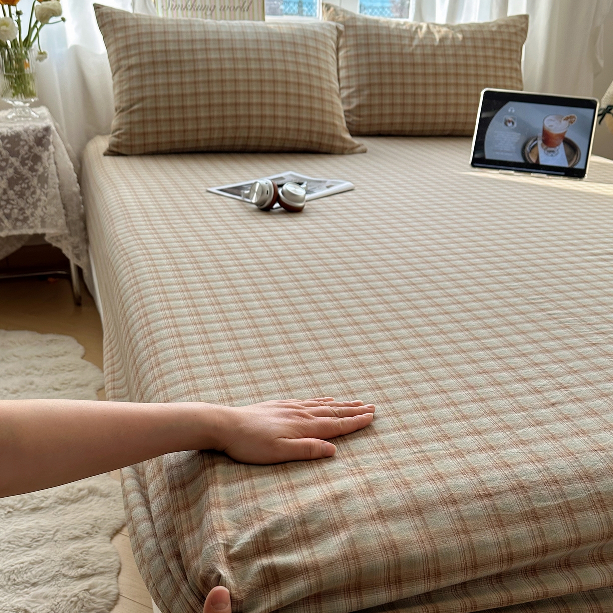 91家纺网 家纺一手货源 找家纺 六巷胡同 2026新款A类全棉纯棉水洗棉色织格子单品床笠 床笠单件 巷往-绿格