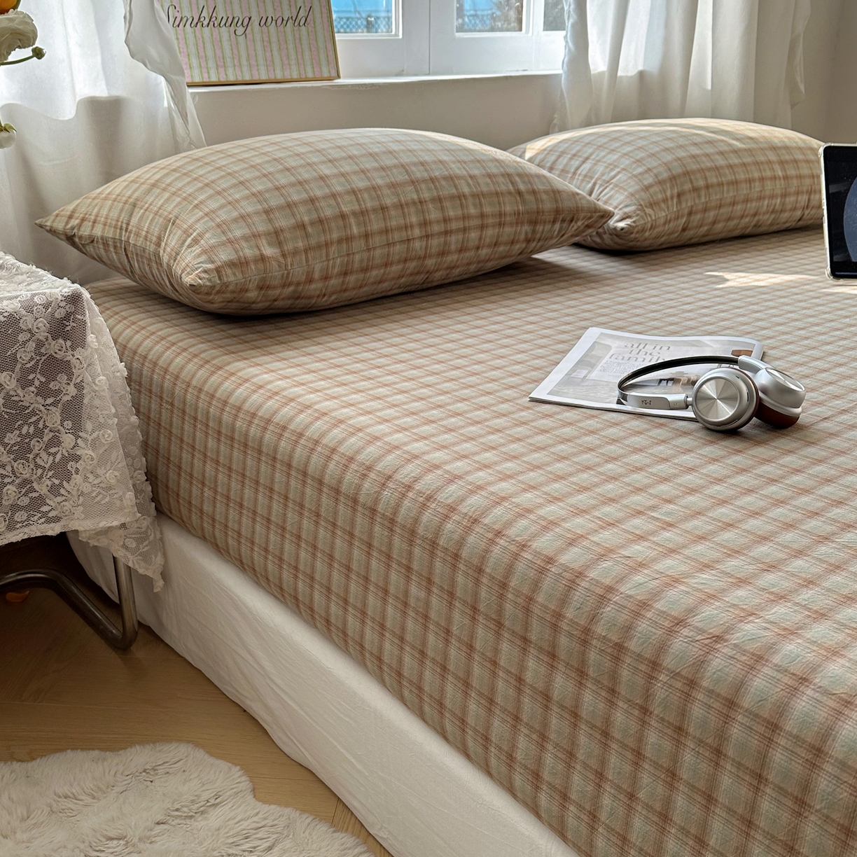 91家纺网 家纺一手货源 找家纺 六巷胡同 2026新款A类全棉纯棉水洗棉色织格子单品床笠 床笠单件 巷往-绿格