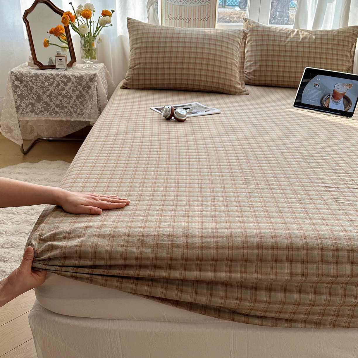 91家纺网 家纺一手货源 找家纺 六巷胡同 2026新款A类全棉纯棉水洗棉色织格子单品床笠 床笠单件 巷往-绿格
