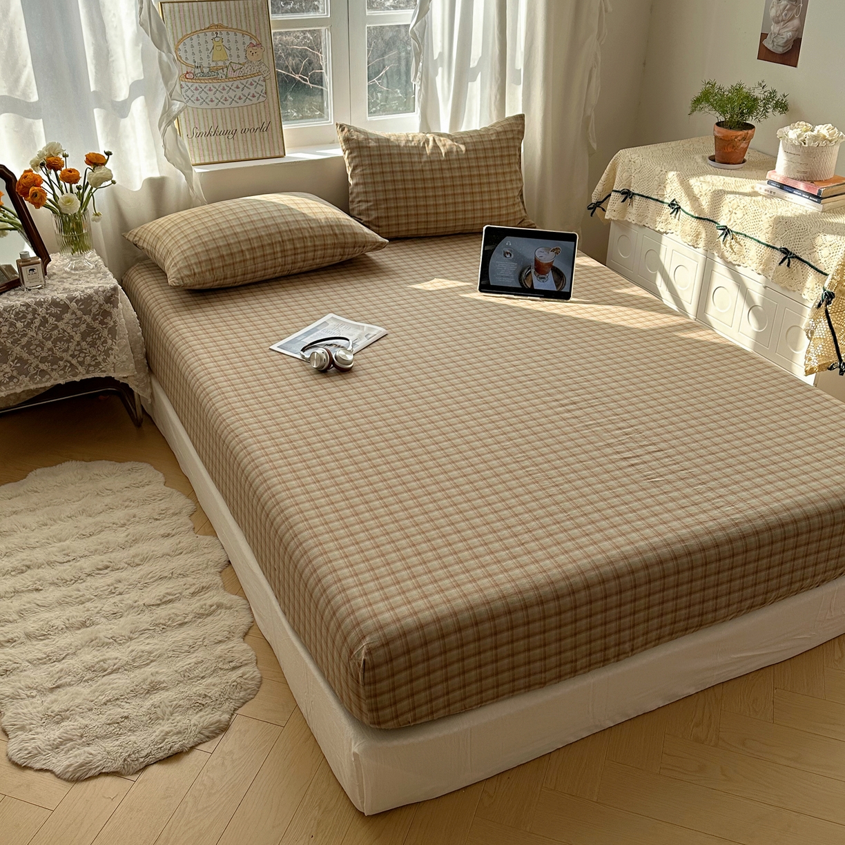 91家纺网 家纺一手货源 找家纺 六巷胡同 2026新款A类全棉纯棉水洗棉色织格子单品床笠 床笠单件 巷往-绿格