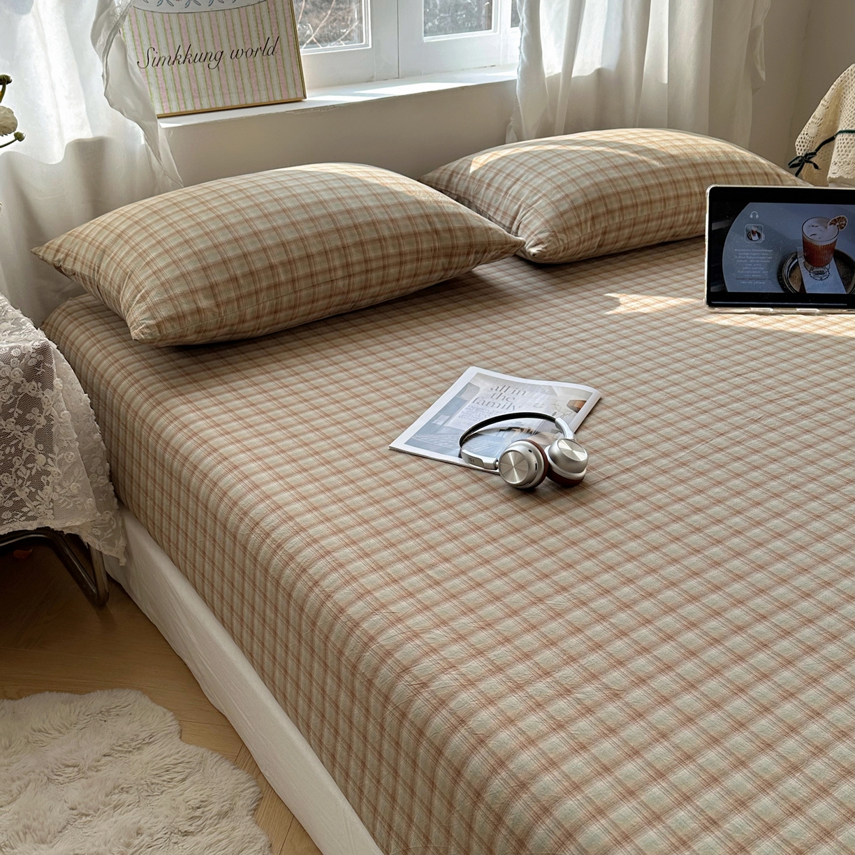 91家纺网 家纺一手货源 找家纺 六巷胡同 2026新款A类全棉纯棉水洗棉色织格子单品床笠 床笠单件 巷往-绿格