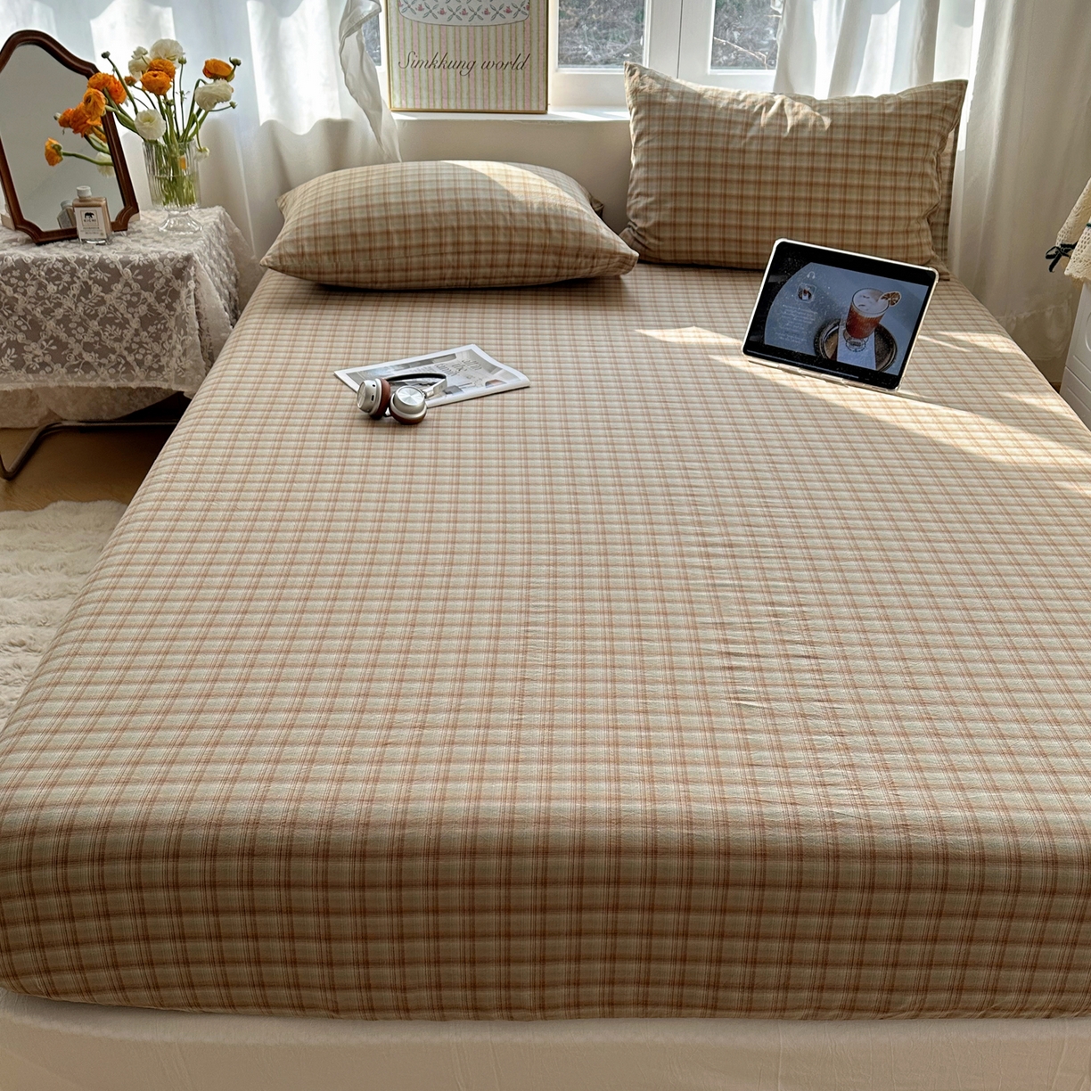 91家纺网 家纺一手货源 找家纺 六巷胡同 2026新款A类全棉纯棉水洗棉色织格子单品床笠 床笠单件 巷往-绿格