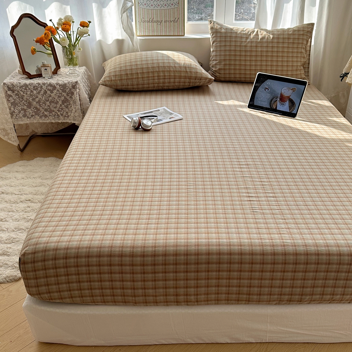 91家纺网 家纺一手货源 找家纺 六巷胡同 2026新款A类全棉纯棉水洗棉色织格子单品床笠 床笠单件 巷往-绿格