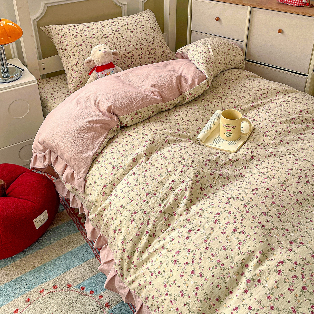 91家纺网 家纺一手货源 找家纺 纽缦家纺 2026新款云感提花双层纱学生床韩版床单床笠三四件套 见花则喜