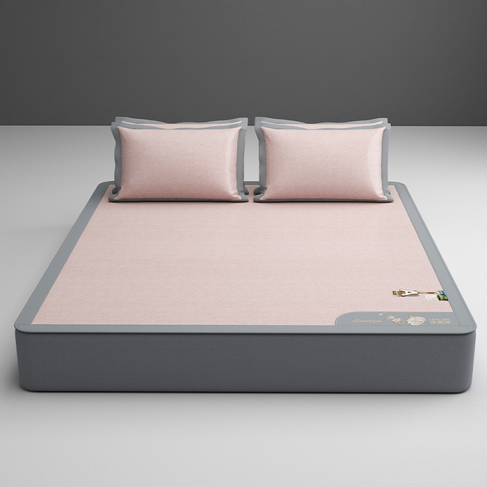 91家纺网 家纺一手货源 找家纺 小牛席业 2026新款双PE高凉感-小斜纹美丽绣球冰丝席席子凉席-床笠款 粉色