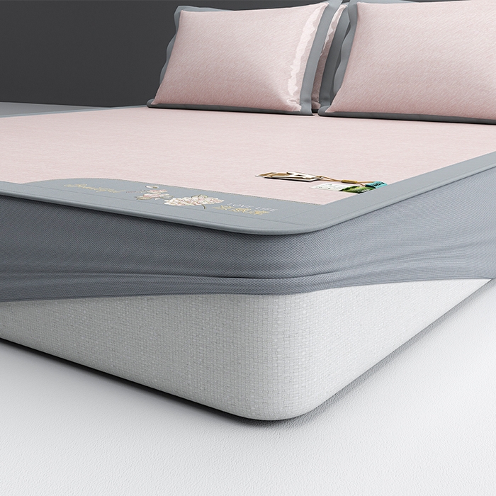 91家纺网 家纺一手货源 找家纺 小牛席业 2026新款双PE高凉感-小斜纹美丽绣球冰丝席席子凉席-床笠款 粉色