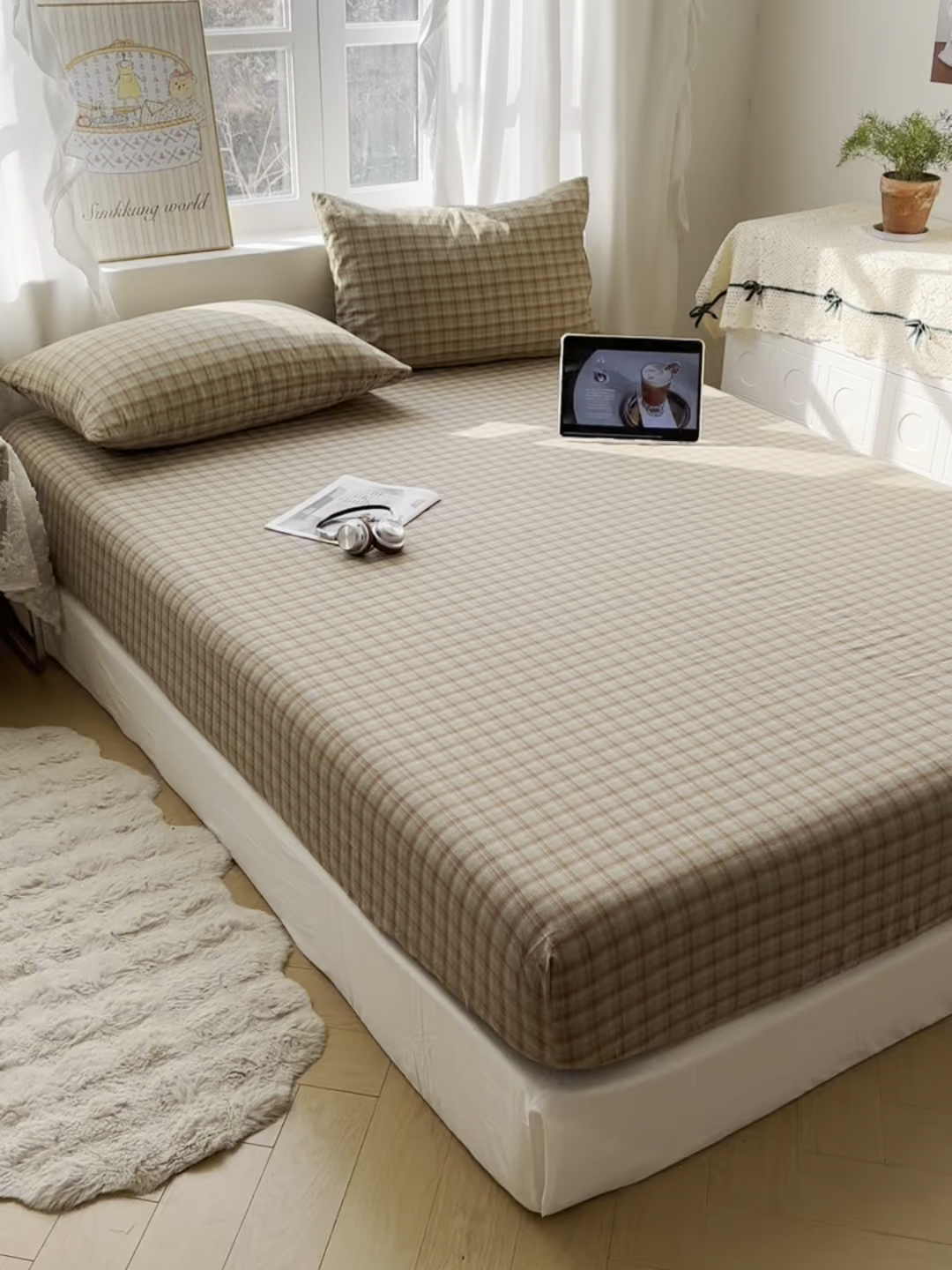 91家纺网 家纺一手货源 找家纺 六巷胡同 2026新款A类全棉纯棉水洗棉色织格子单品床笠 床笠单件 巷往-绿格