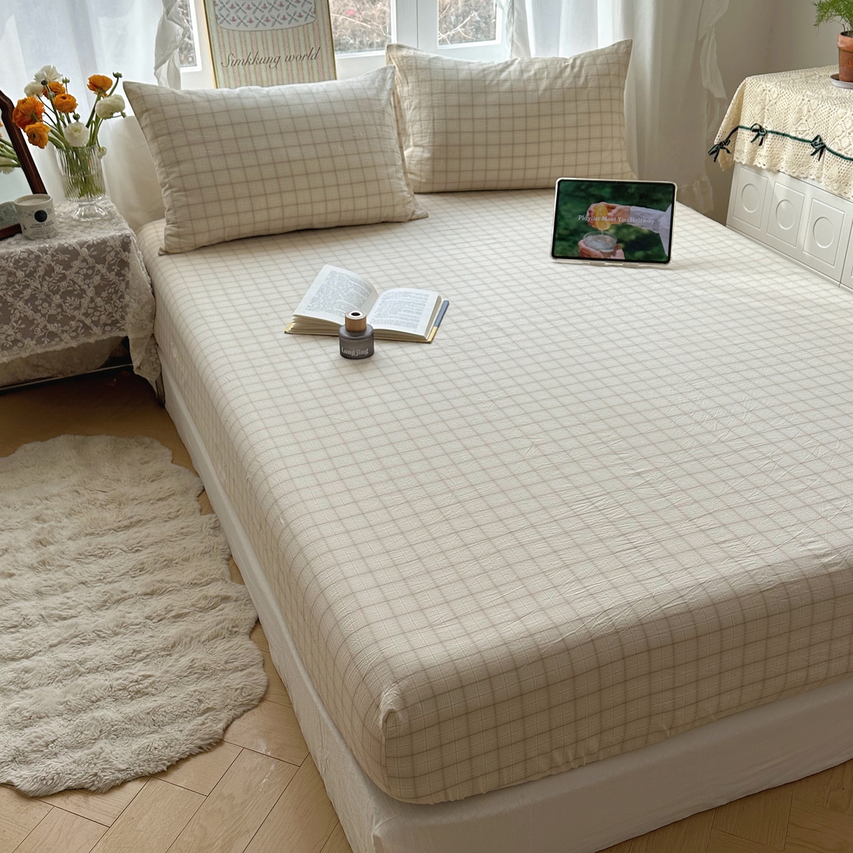 六巷胡同 2026新款A类全棉纯棉水洗棉色织格子单品床笠 床笠单件 悦野-白格
