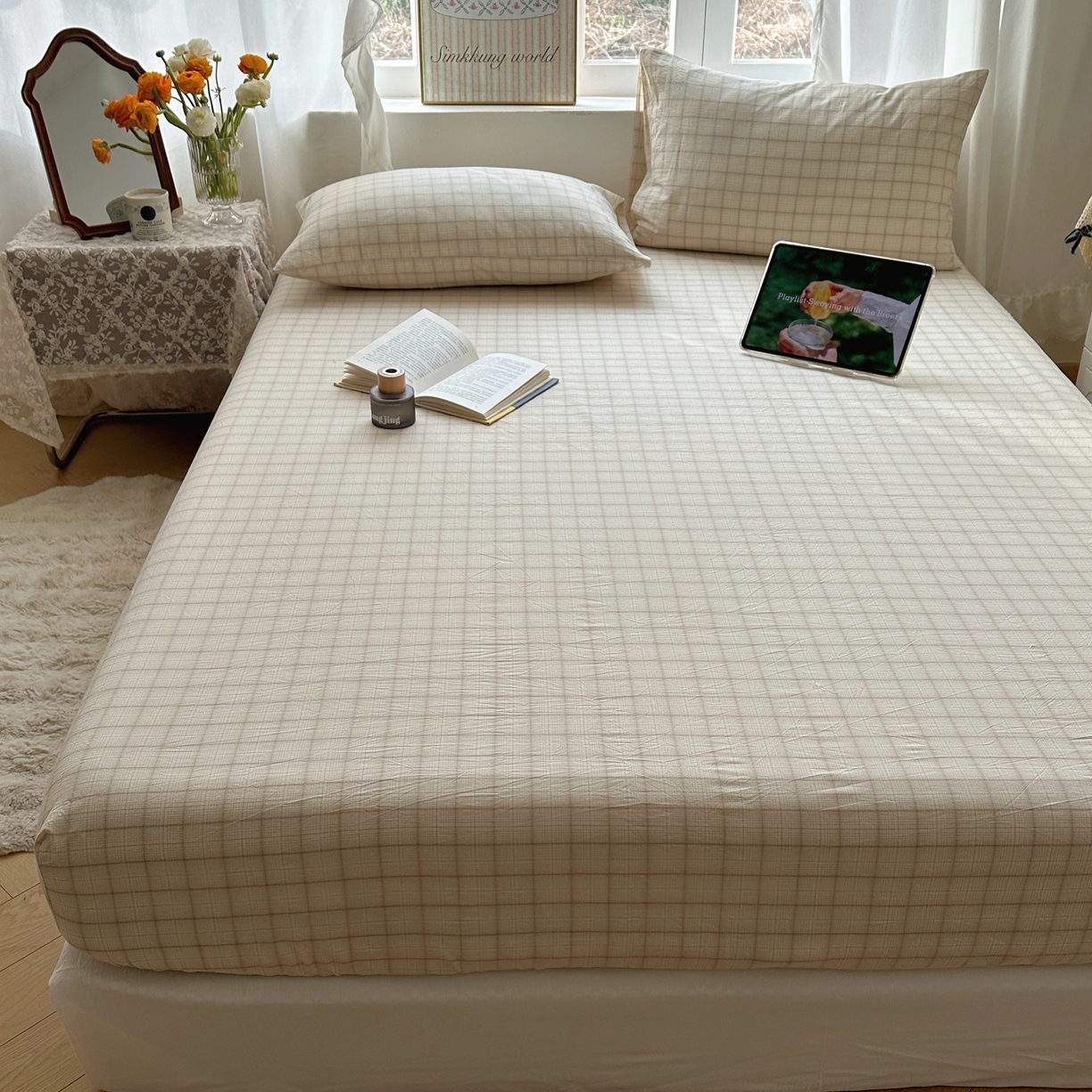 91家纺网 家纺一手货源 找家纺 六巷胡同 2026新款A类全棉纯棉水洗棉色织格子单品床笠 床笠单件 悦野-白格
